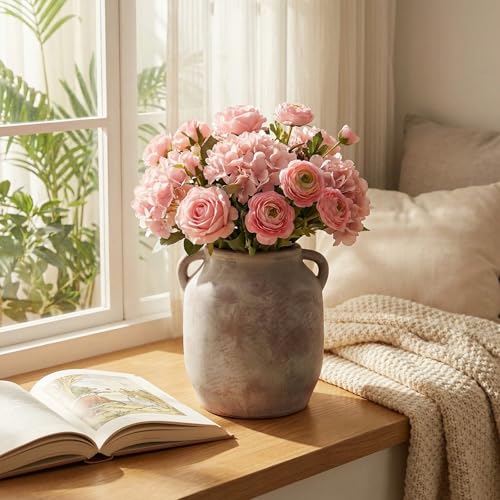 Ceramic Flower Vase with Handle, 7.3 Inch Terracotta Farmhouse Rustic Decor | Waterproof Table Centerpiece for Living Room, Kitchen Shelf & Dining Table | Vintage Pottery Home Decoration - size: 7.3inch