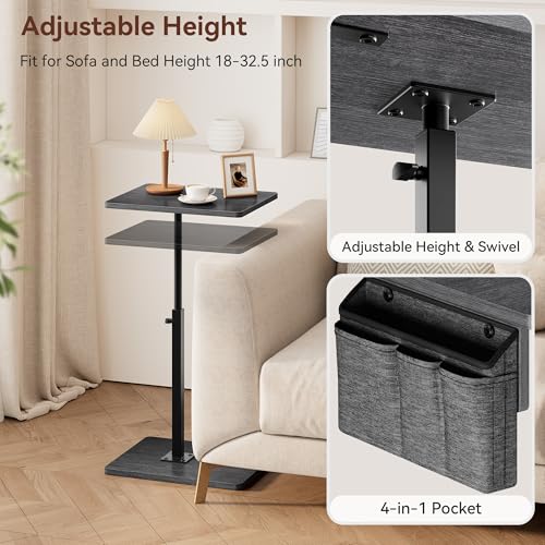 Vagusicc Sofa Armrest Tray Table for Couch, 360° Swivel Height Adjustable TV Tray Table for Small Spaces, Snack Side Table for Couch, Bed, Chair, C Shaped End Side Table for Eating, Reading, Laptop - color: Gray Walnut, style: With Storage Bag