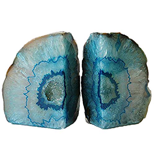 AMOYSTONE Geode Bookends Heavy Duty Agate Large Stone Bookend Decorative Crystal Quartz Book Ends Dyed Teal with Rubber Bumpers(1 Pair, 6-8 LBS) - color: Dyed Teal, size: 6-8LBS