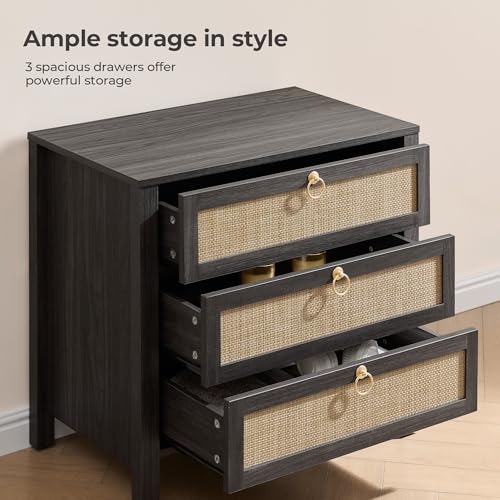 SICOTAS Night Stand with Drawers, Large Rattan Bedside Table with Golden Handle, 3 Drawers Nightstand Tall End Table Side Table Boho Nightstand for Bedroom - color: Obsidian
