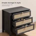 SICOTAS Night Stand with Drawers, Large Rattan Bedside Table with Golden Handle, 3 Drawers Nightstand Tall End Table Side Table Boho Nightstand for Bedroom - color: Obsidian