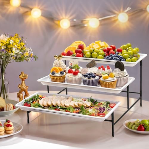 Lifewit 3 Tier Serving Tray, 36 x 17 cm/14 x 6.5" White Plastic Tiered Food Serving Platters, Tiered Tray Stand for Party with Black Collapsible Metal Stand, Dessert Display Stand for Cookies/Crackers - size: 14" x 6.5", style: Basic