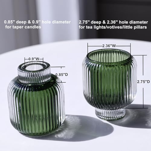 Woho Green Votive Candle Holders Set of 2(3.5" H x 3.1" W), Ribbed Tealight Candle Holder Vintage for Christmas Dinner Table, Reversible Tea Lights Candle Holder Glass for Living Room Home Decor - color: Green