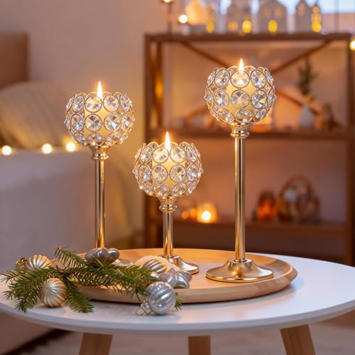 Crystal Candle Holders 4 Set of 12 - Gold Vintage Hollow Ball Candle Stand for Table Centerpiece, Crystal Metal Tealight Candlestick for Wedding, Dining Room Decor - color: Golden, size: 4Sets(12 Pcs)
