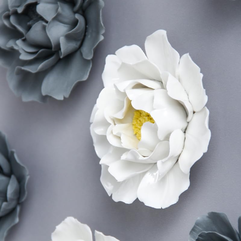CEUYGT Handmade 3D Ceramic Wall Art Hanging Sculpture Grey Flower Wall Decor for Living Room Bedroom and Bathroom Grey Peony 3.54" (Medium) - color: Grey, size: 3.5"L x 3.5"W