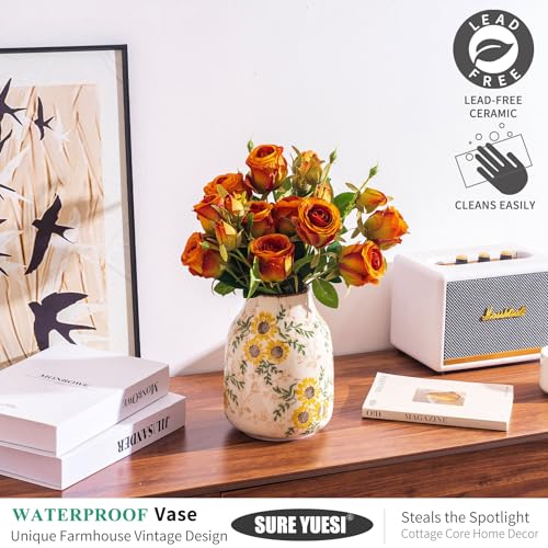 for Mom from Daughter or Son, Sunflower Vintage Ceramic Yellow Floral Vase 7.8”, Beige & Green Chinoiserie Decor, Rustic Tuscan Home Vase for Mantle, Table Centerpiece - color: Yellow Sunflower - 001
