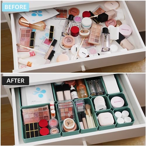 CHANCETSUI 11-Piece Stackable Drawer Organizer Set, Multi-size Desk Drawer Organizer Trays Vanity Storage Bins for Storing Makeup, Stationery, Utensils in Bathroom Dresser, Office and Kitchen - color: Green
