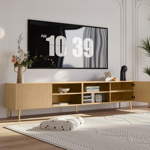Modern 86in TV Stand for Living Room, Fluted Design Entertainment Center with Adjustable Shelves,Media TV Console Table with Storage for Bedroom,Nature - color: Natural