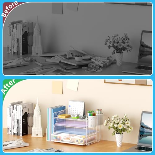 Marbrasse Desk Organizer and Accessories，4-Tier Paper Letter Tray Organizer with File Holder, Desk Accessories with Drawer and 2 Pen Holder (White, 15.4" x 9.1" x 8.3") - color: White