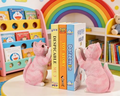 Cute Cat Bookends for Shelves, Heavy Duty Bookends, Decorative Bookends for Kids Books, Non-Skid Design, Pink Cat Statue Enthusiasts Gifts - color: Pink