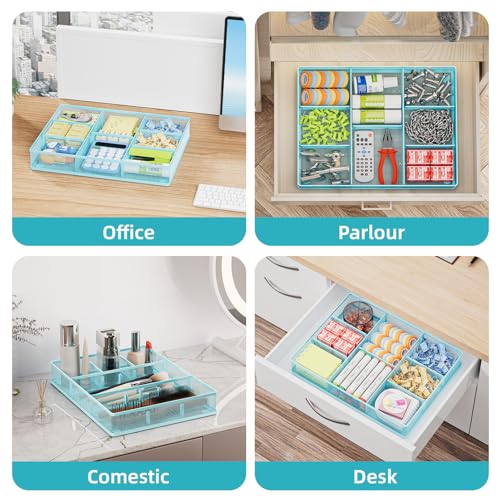 Marbrasse Desk Drawer Organizer, Metal Mesh Drawer Organizer Tray with 5 Adjustable Compartments,Desk Organizers and Accessories for Home,Office,Kitchen,Makeup,Vanity (Blue) - color: Blue