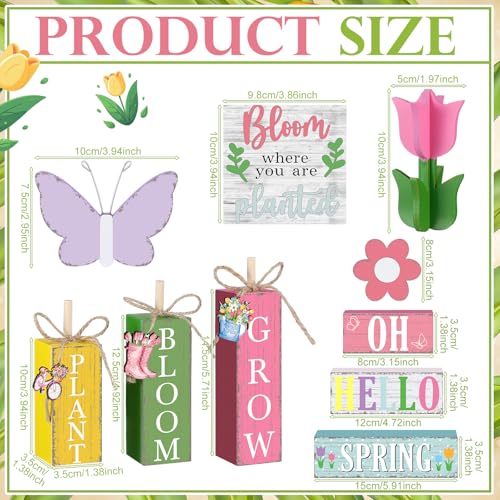 Vercraft 11 Pcs Spring Table Decorations Tulips Tiered Tray Decor Butterflies Home Centerpiece Decorative Wood Books Table Top Decor Flower Wooden Sign for Party Supplies - style: Spring