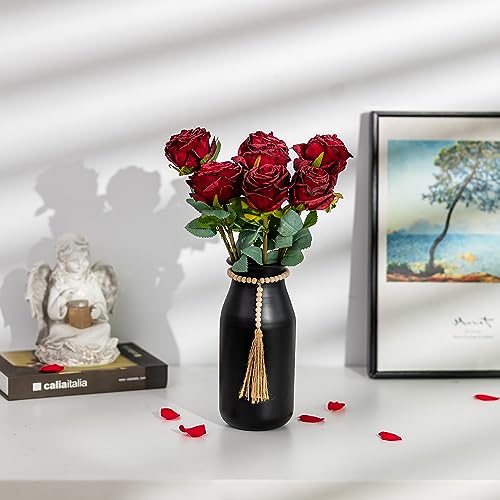 Sziqiqi Black Decorative Flower Vase - 9in Boho Vase with Bead Strings for Pampas Grass Vintage Metal Vases for Table Home Decor Matte Cylinder Vase for Artificial Flowers Rose Twigs - style: Boho Black Flower Vase