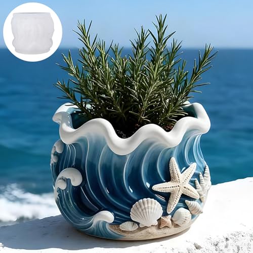 1Pc Blue Wave-Patterned Resin Casting Silicone Jar Mold Ocean-Themed Seashell Candle Silicone Mold for Home Decoration Candlesticks Flower Pots Plaster Cement Concrete Epoxy Storage Boxes - color: Blue Wave Resin Mold