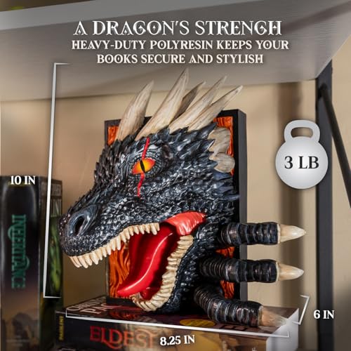 Dragon Bookend | Pops Off Your Shelf | Solid Build | Use Between Books or on a Bookshelf End or Book Nook | Fantasy Dragon Decor | Gothic Medieval Shelves Booknook Bookends (Obsidian Black) - color: Obsidian Black