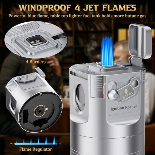 XIFEI 8-in-1 Desktop Cigar Lighter with Straight V-Cut Cutter, 3 Ashtrays, 3 Draw Enhancer Tools, 2 Stands, Cigar Punch, 4 Jet Flame Butane Torch Lighters, Luxury Accessories Gift Set (Silver) - color: Silver
