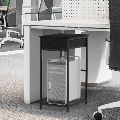 CADUKE 2 Tier PC Stand - Black Computer Tower Stand with Fabric Drawer, Modern Printer Stand with Wheels, Under Desk for Office & Study Room - color: Black