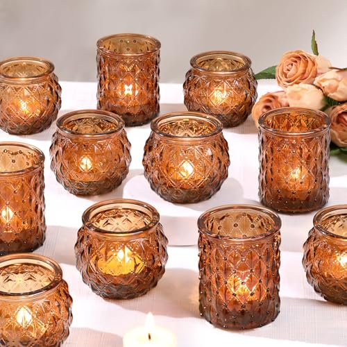 DARJEN Amber Votive Candle Holders Set of 24- Round Candle Holders Bulk, Glass Candle Holder for Vintage Decoration, Tea Lights Candle Holders for Wedding Home Party & Gift - color: Amber, size: 24 Pcs