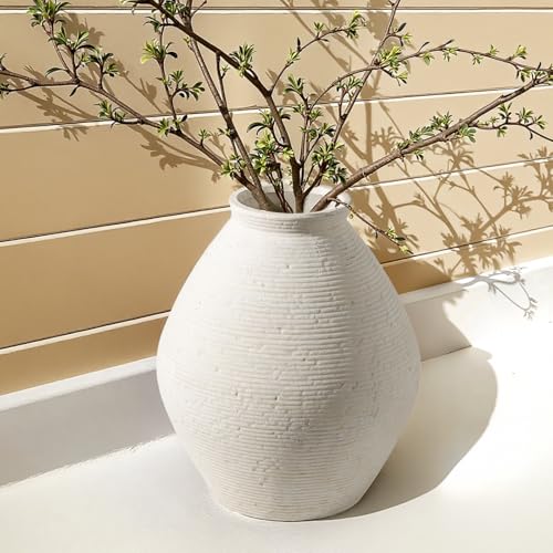 12” Ceramic Distressed Vase Handcrafted Rustic Neutral Decorative Floor Vases Home Decor Accent for Living Room, Dining Table, Entryway or Shelf Styling - size: 12 inch-Round