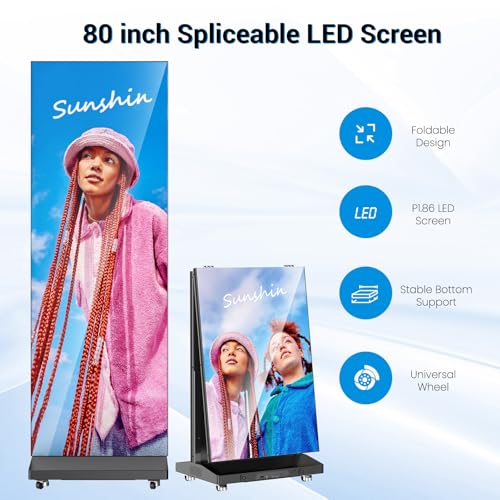 80 Inch LED Digital Signage Display, Foldable Seamless Stitching Kiosk, P1.86 GOB LED Screen Poster with Flight Case, Commercial Advertising Display for Events, Rentals and Weddings (Black, 2 Unit) - size: 2 Unit