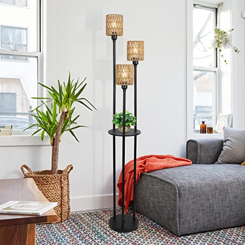 Dimmable Boho Floor Lamps for Living Room, 3-Lights Farmhouse Floor Lamp with 3-Way Foot Switch, Rattan Floor Lamp with Shelves, Rustic Standing Lamp with Rattan Shades, Tall Lamps for Bedroom - style: Dimmable Black-Rattan Shade