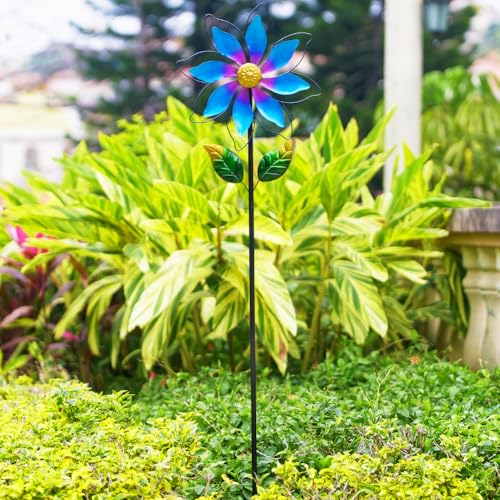 14'' Wind Spinners Outdoor, Flower Metal Garden Wind Spinners Outdoor, Kinetic Wind Sculptures & Spinners for Yard Garden Lawn Decor (Blue) - size: 14'' Blue