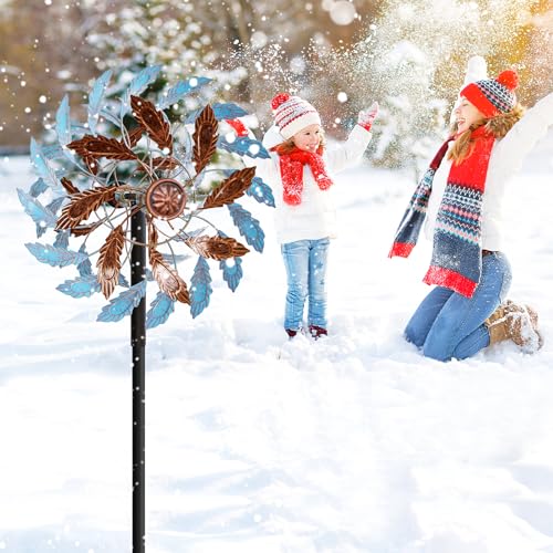Metal Outdoor Wind Spinner, Wind Sculpture Spinner with Metal Stake, Waterproof 360 Degrees Kinetic Windmill Art Decoration for Patio Garden Lawn (Blue+Brown) - color: Blue+brown