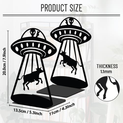WADORN 1 Pair Alien UFO Cow Metal Decorative Bookend for Shelves, Heavy Duty Book Ends Modern Non-Skid Books Holder Stand Black Book Support Stoppers for Desk Bookshelf Office Home, 5.3x4.3x7.8 Inch - color: Alien Ufo Cow