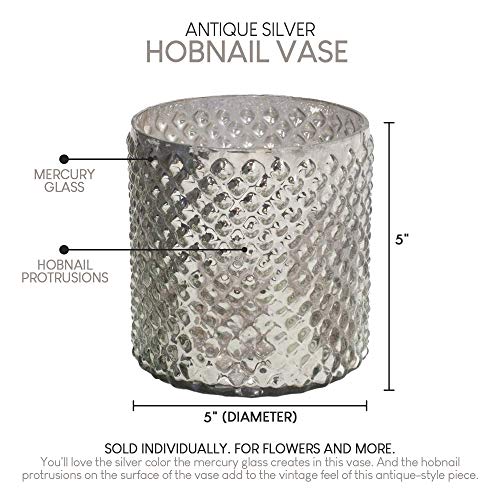 Serene Spaces Living Antique Silver Hobnail Vase, Medium - Beautiful Mercury Glass in a Vase, Use for Weddings, Parties, Events, Home Decor, 5" in Diameter & 5" Tall (Pack of 1)
