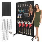 Royxen 3.5 x 6 Feet Metal Pegboard with 50 Hooks, Peg Board Display Stand with Wheels, Large Standing Pegboard Displaywith T-Base Art Display Stand for Retail Stores Exhibitions Homes (Black) - color: Black