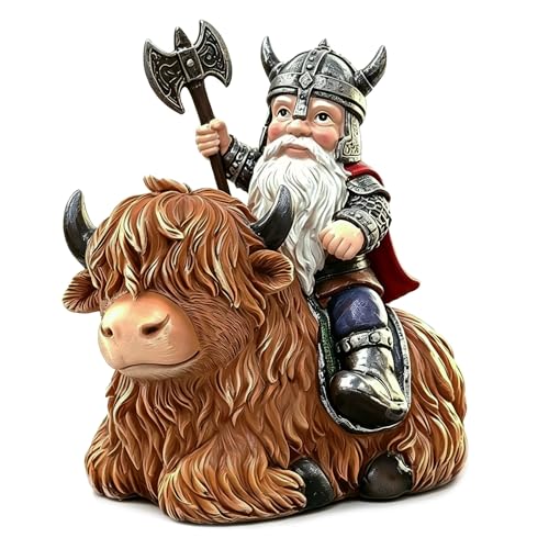 Viking Warrior Gnome Riding Highland Cow Statue, Hand-Painted Resin Sculpture Figurine for Yard Garden Patio Lawn Ornaments, Unique Home Decor Housewarming Gift