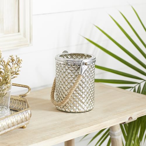 Deco 79 Glass Handmade Indoor Outdoor Candle Lantern Decorative Lantern Candle Holder with Rope Handle, Lantern 5" x 5" x 13", Silver - size: 5" by 13"