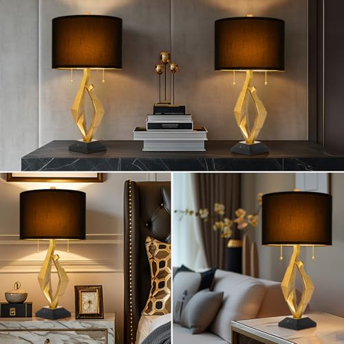 Sculptural Table Lamp Set of 2 with USB Ports For Living Room, Gold Leaf Finish Farmhouse Bedside Lamps with S Cluster Pull Chains Switch for Bedroom, Rustic Nightstand Lamp for Office, Hotel, Bar - size: 26 inches Gold Leaf -029