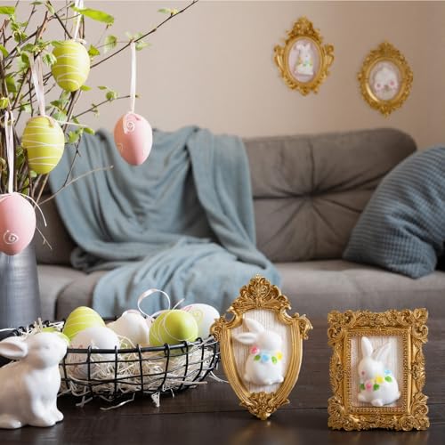 Wesiti 4 Pcs Easter Bunny Decorations 3D Ceramic Bunny Figurine with Vintage Resin Framed Small Easter Figurines Sculptures Mini Rabbits Sculpture Statue Spring Wall Art for Living Room Home Bedroom - style: Easter Bunny