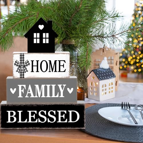 Cinnvoice 4 Pcs Farmhouse Tabletop Decor Rustic Family Blessed Home Table Centerpiece This Is Us Sign for Kitchen Shelf Desk Fireplace Mantel Tiered Tray Decor(Neutral Home Family Blessed) - style: Neutral Home Family Blessed