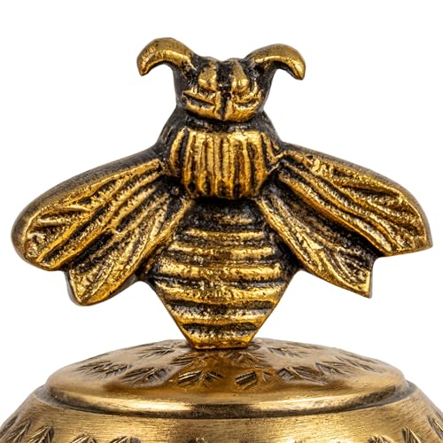 Creative Co-Op Round Hammered Metal Container with Bee Finial, Brass Finish - style: Bee