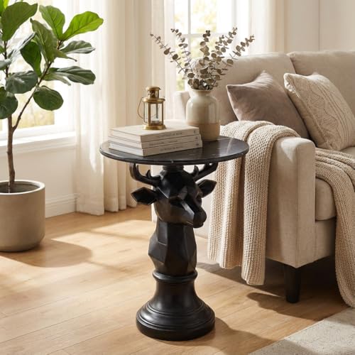 Deer Side Table for Living Room - 20" Faux Marble Top Accent End Table with Hand-Carved Resin Deer Statue Base - Modern Round Bedside Table for Bedroom, Patio, Entryway,Gift - Tool-Free Setup - color: Black Deer