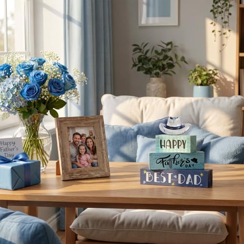 Smile Happy Father's Day Wooden Table Decor Best Dad & Cowboy Hat Desktop Signs Tabletop Decorations for Home Office Shelf - Gift for Dad, Husband, Grandpa - style: Father