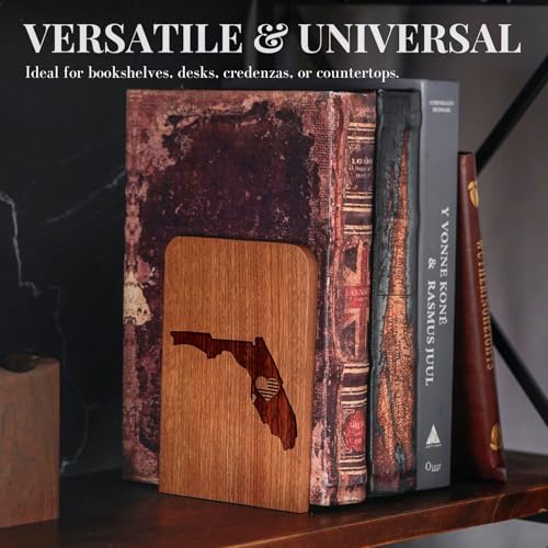 Florida Gifts for Women Men, Florida Themed Souvenirs - Heavy Duty Iron & Ebony Wood Book Ends for Shelves Bookcase Desk - 1 Pair, 4.72x6.69 Inches - Heart - color: Heart