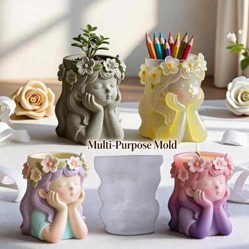 1Pc Cute Girl Resin Casting Mold 3D Flower Crown Head Silicone Mold for Epoxy Succulents Planter Pen Holder Candle Making Concrete DIY Craft Home Decor Handmade Gifts Easy Demold - color: Girl Resin Mold