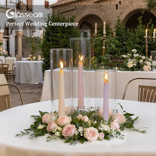 Glasseam Hurricane Taper Candle Holders: Set of 3 Glass Candlestick Holders with Clear Tall Cylinder Candle Sleeves for Centerpiece Table Outdoor Wedding Home Decor 9.84''/11.84''/13.78'' - size: Hurricane+Candlestick