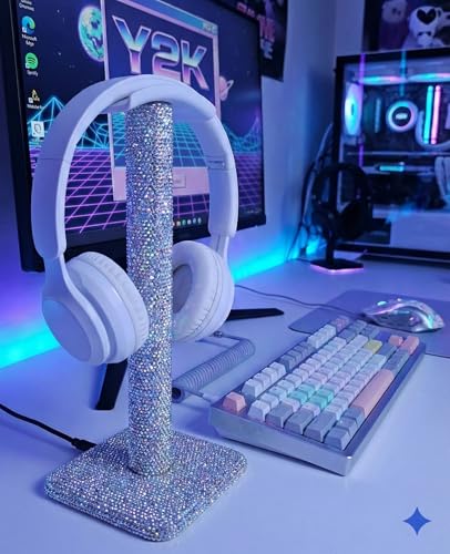 Silver Rhinestone Headphone Stand – Bling Crystal Headset Holder for Y2K Gaming Desk Setup – Sturdy Weighted Metal Base with Soft TPU Rest – Sparkly Luxury Gift for Women & Teen Girls (Silver) - color: Silver Sparkle
