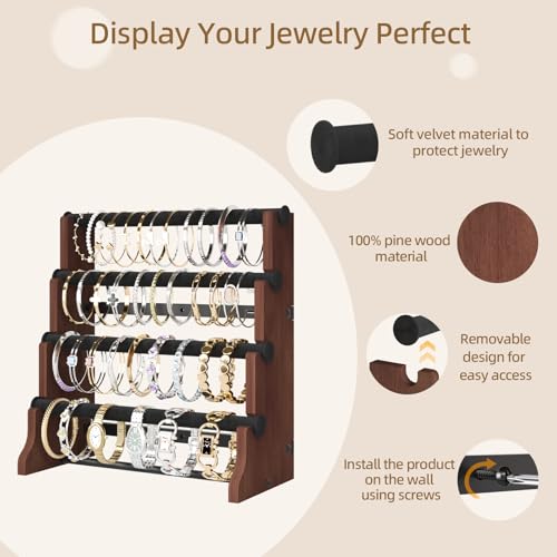 ORLESS 4 Tier Bracelet Holder, Detachable Velvet Jewelry Display Stand, Rustic Wood Necklace Storage Organizer Display Stand, Wall Mounted Holder Display for Bangles Watch Bracelets,Blackbrown - color: Blackbrown