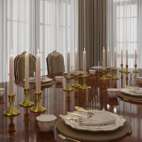 zeochyni 12PCS Brass Gold Taper Candle Holders Set, Vintage Metal Candlestick Holders for Dinner Room Table Centerpiece or Mantel Wedding Party Decor - color: Gold, size: Set of 12