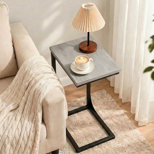TEMI C Shaped End Table for Couch - Small Side Table and TV Tray for Eating or Laptop, Accent Desk for Chair or Sofa, Easy Assembly, Space-Saving Design for Living Room or Bedroom,Greige - color: Greige