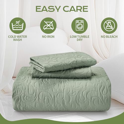 JYHOPE Sage Green Twin Quilt Set 68x90 Lightweight Microfabric Bedspread, 3-Piece Quilt Bedding with Pillow Shams, Summer Cooling Quilts, Ribbon Wrapped Gift - color: Flower Pattern-sage Green, size: Twin(68x90)