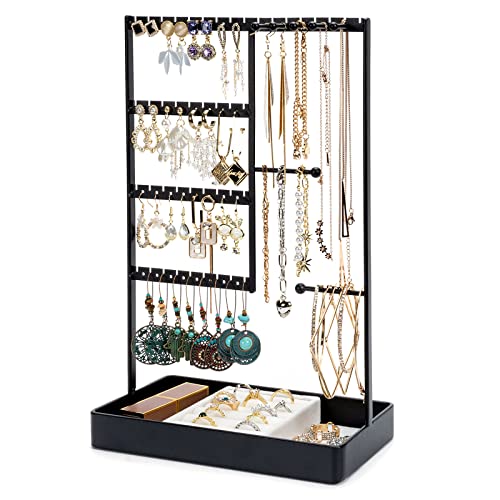 Jewelry Organizer, 4-Tier Earring Holder Organizer with Metal Tray, Jewelry Holder Stand for Necklaces Stud Earrings Bracelets and Rings, Earring Organizer - color: Black