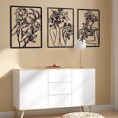 CHENGU 3 Pieces Metal Minimalist Abstract Woman Wall Art Line Drawing Wall Art Decor Single Line Female Home Hanging for Kitchen Bathroom Living Room - style: Modern