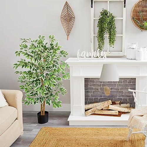 GTIDEA 5ft Ficus Tree Artificial, Tall Fake Tree with Natural Trunk Faux Trees Indoor Silk Ficus Leaves Artificial Trees for Home Decor Indoor Summer Office Living Room Outdoor (Included Dried Moss) - color: 5ft