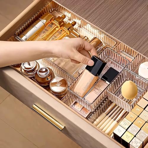 HOTOOLME 14PCS Clear Drawer Organizers Bins, 4 Size Clear Makeup Drawer Organizer, Stackable Vanity Drawer Organiser Trays, Bathroom Drawer Storage for Cosmetics, Office Supply - style: 14 Pack
